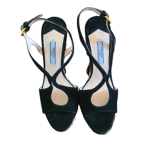 Prada Black Suede & Leopard-Print Calf Hair Wedge Platform Sandals Size 35 US 5 - Picture 2 of 8